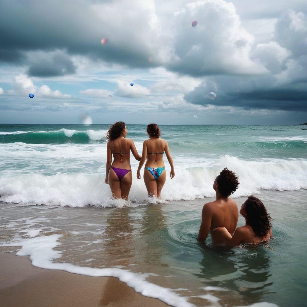 A split scene featuring a vibrant beach setting on one side, showcasing colorful swimwear and joyful people splashing in the waves, contrasting with a moody, cloudy shoreline on the other with individuals wearing darker swimwear, reflecting introspection. Bubbles and waves connecting both sides symbolize the interplay of joy and melancholy. surrealistic elements blending the two atmospheres for depth. vibrant colors. super-realistic.